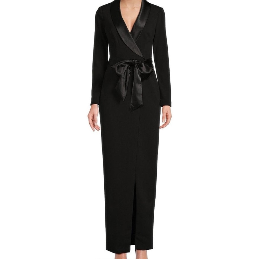 Eliza J Womens 2 Black Long Sleeve Satin Trim tie Waist Tuxedo Maxi Dress Formal